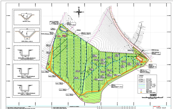 Parque solar: planta de drenagem e seções de canais