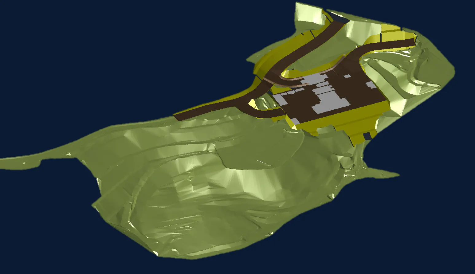 Terreno, acesso e platô em modelo 3D