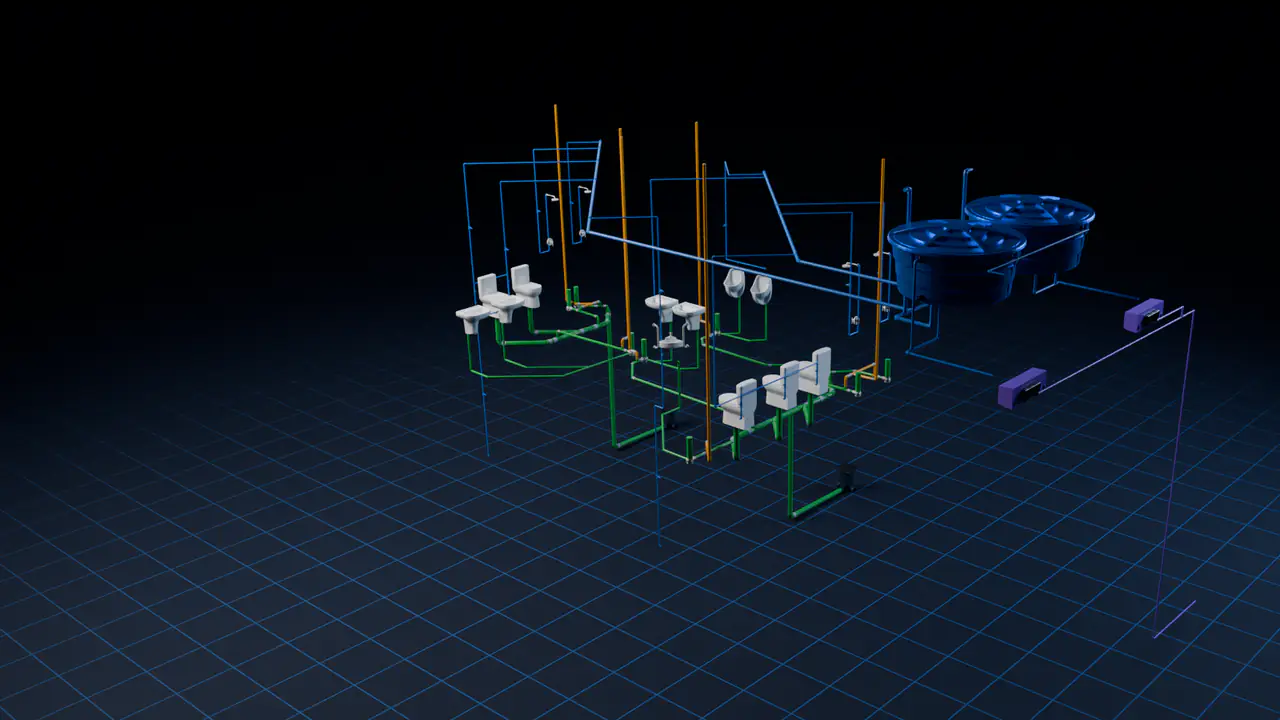 Modelo hidrossanitário de um prédio de apoio industrial renderizado a partir do IFC: água fria, esgoto, ventilação, águas pluviais e louças