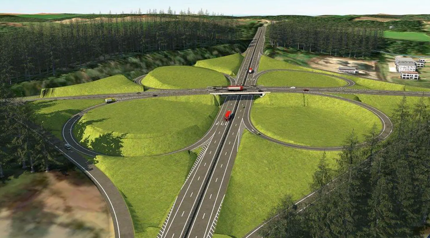 Trevo rodoviário em modelo InfraWorks com contexto real